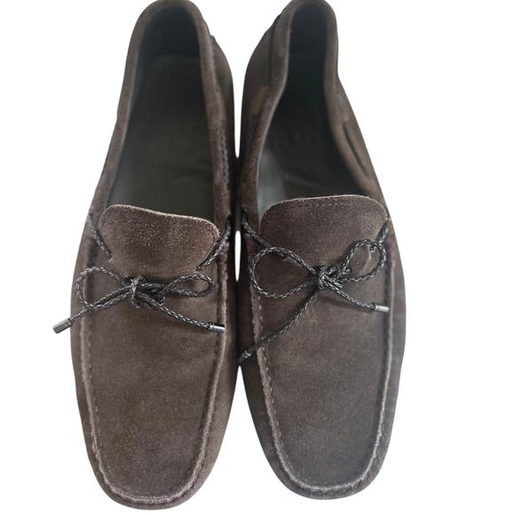 Tod\'s Gommino Chocolate Brown Suede Leather Braided Bow Driving Moccasin Loafer